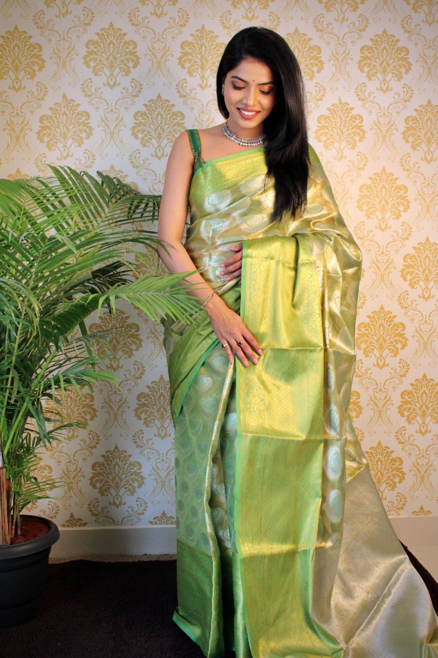 Green Pure Banarasi Tissue Silk Saree All Over Zari Weaved