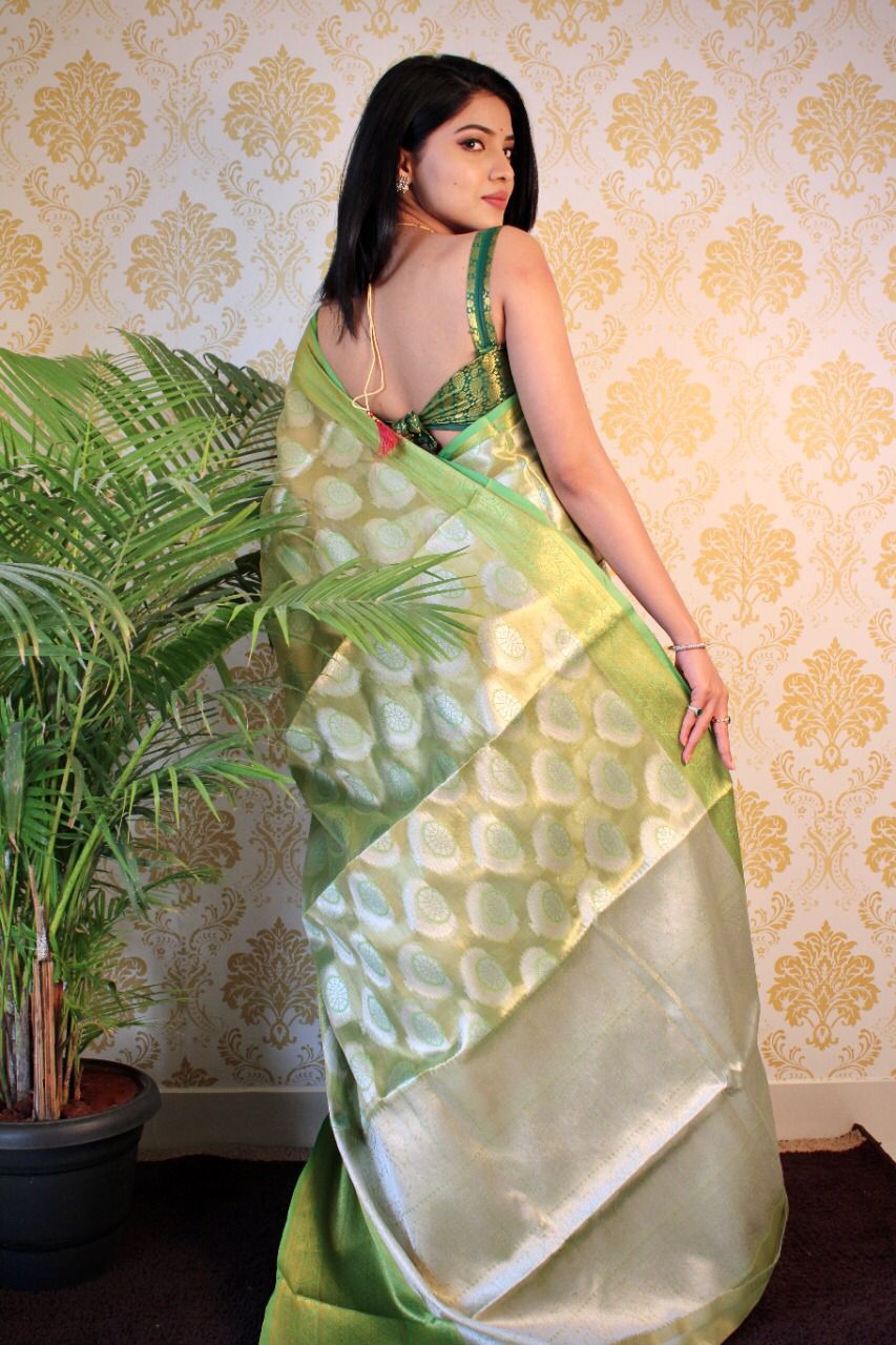 Green Pure Banarasi Tissue Silk Saree All Over Zari Weaved