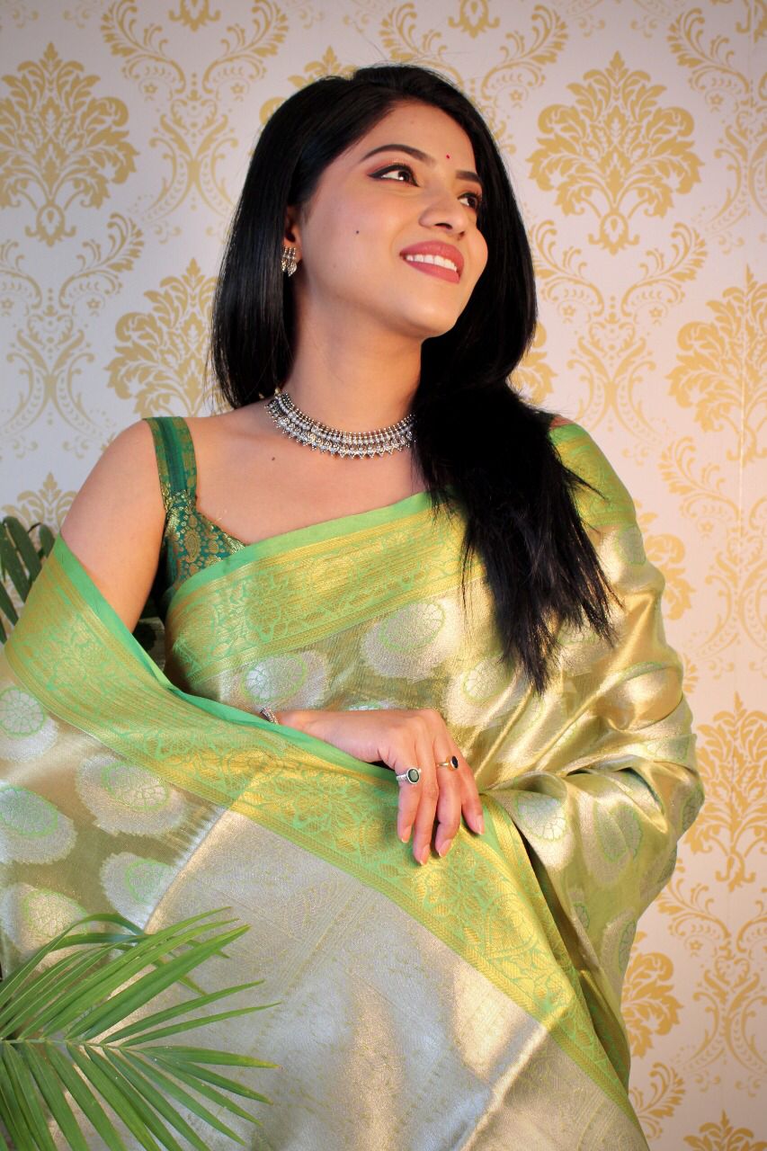 Green Pure Banarasi Tissue Silk Saree All Over Zari Weaved
