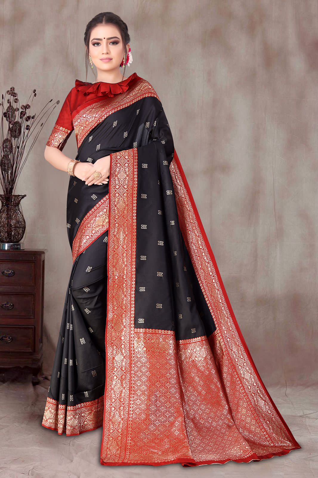 Black Banarasi Silk All Over Gold Zari Booti With Rich Pallu Saree