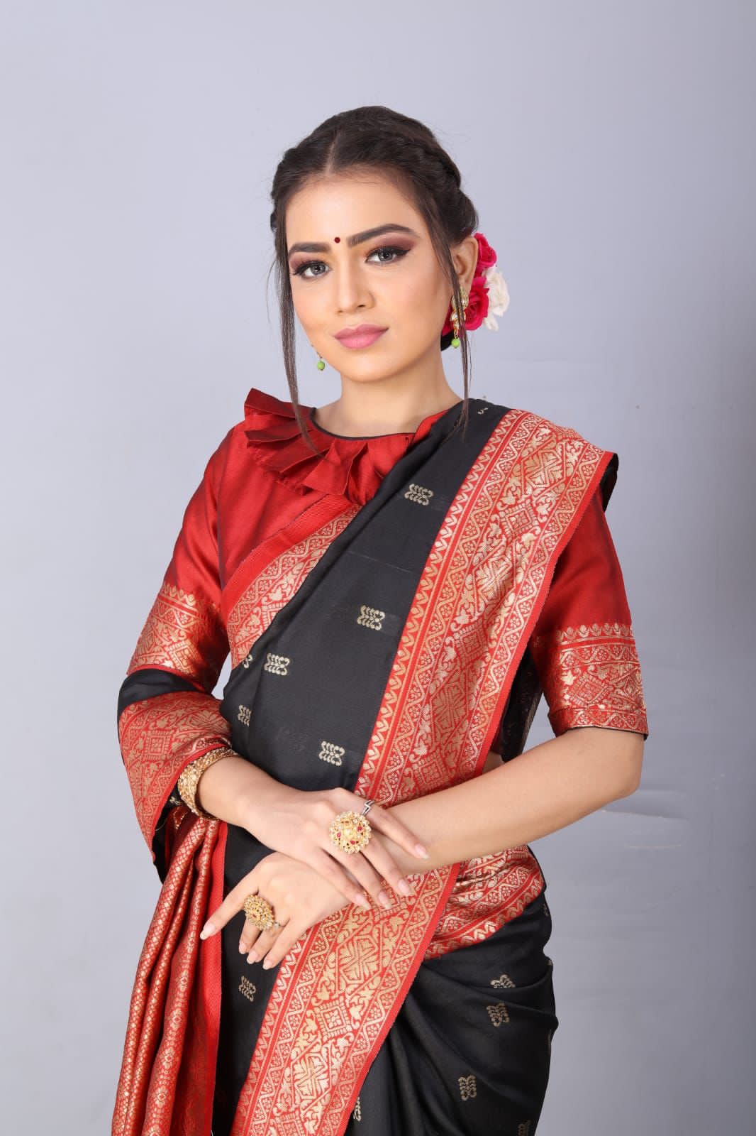 Black Banarasi Silk All Over Gold Zari Booti With Rich Pallu Saree