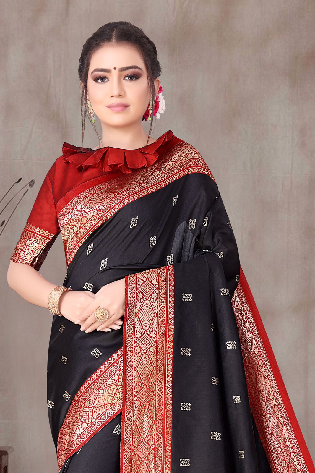 Black Banarasi Silk All Over Gold Zari Booti With Rich Pallu Saree