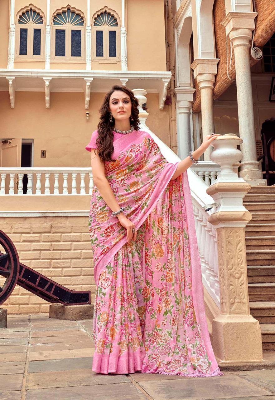 Georgette Digital Printed Saree With Tassels On Pallu