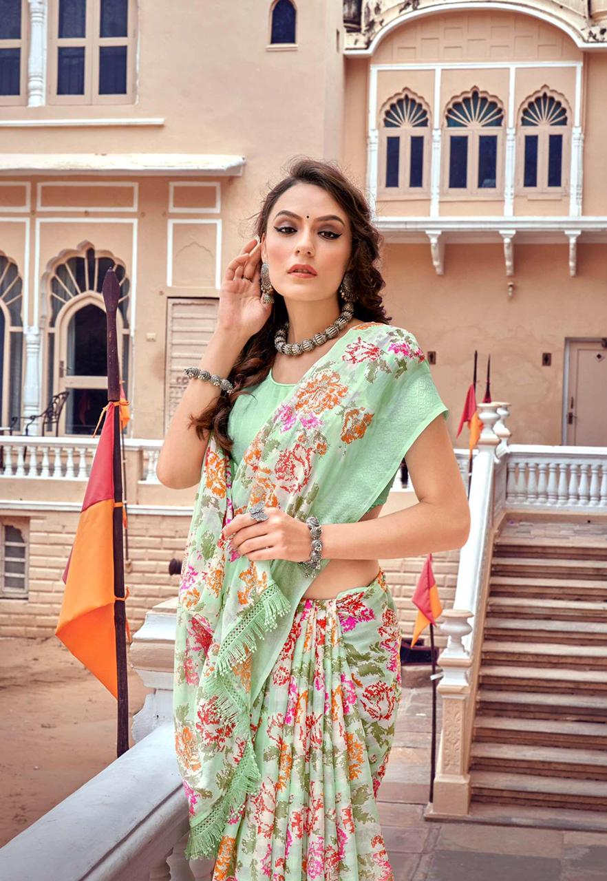 Georgette Digital Printed Saree With Tassels On Pallu