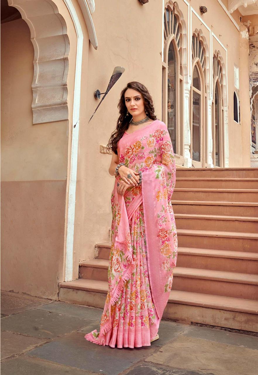 Georgette Digital Printed Sarees With Tassels On Pallu