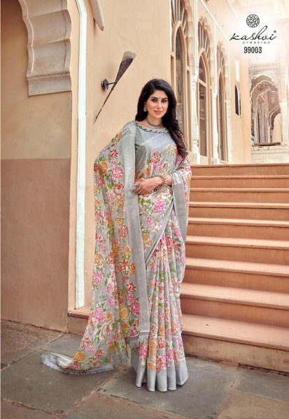 Image of Georgette Digital Printed Sarees With Tassels On Pallu