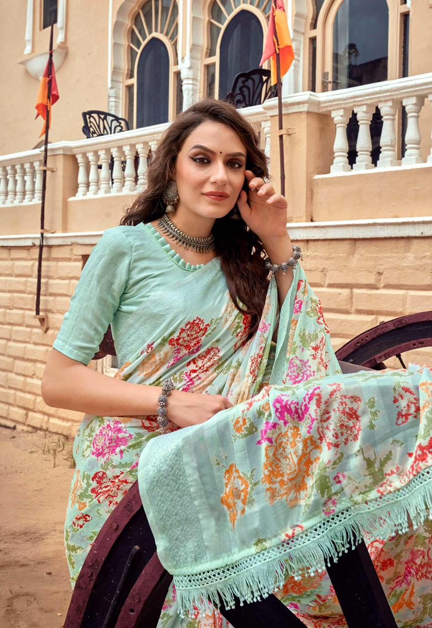 Georgette Digital Printed Sarees With Tassels On Pallu