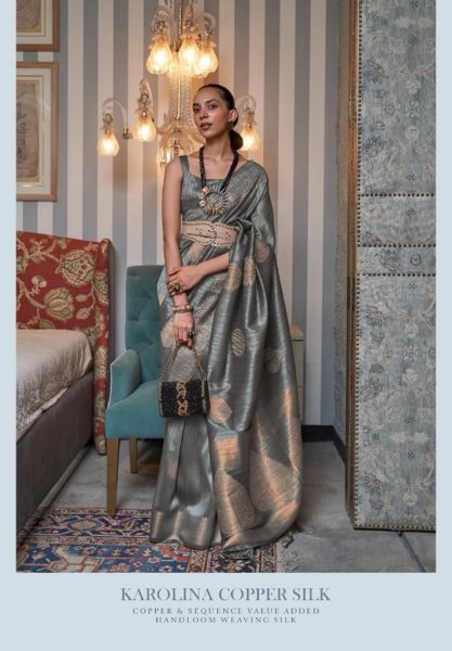 Image of Handloom Weaving Silk Copper Zari And Sequence Work Saree