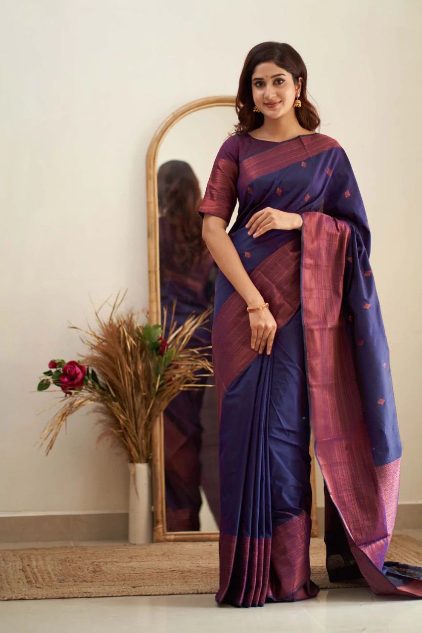 Navy Blue Banarasi Silk Saree All Over Copper Zari Weaved