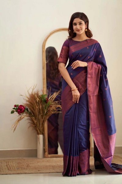 Image of Navy Blue Banarasi Silk Saree All Over Copper Zari Weaved