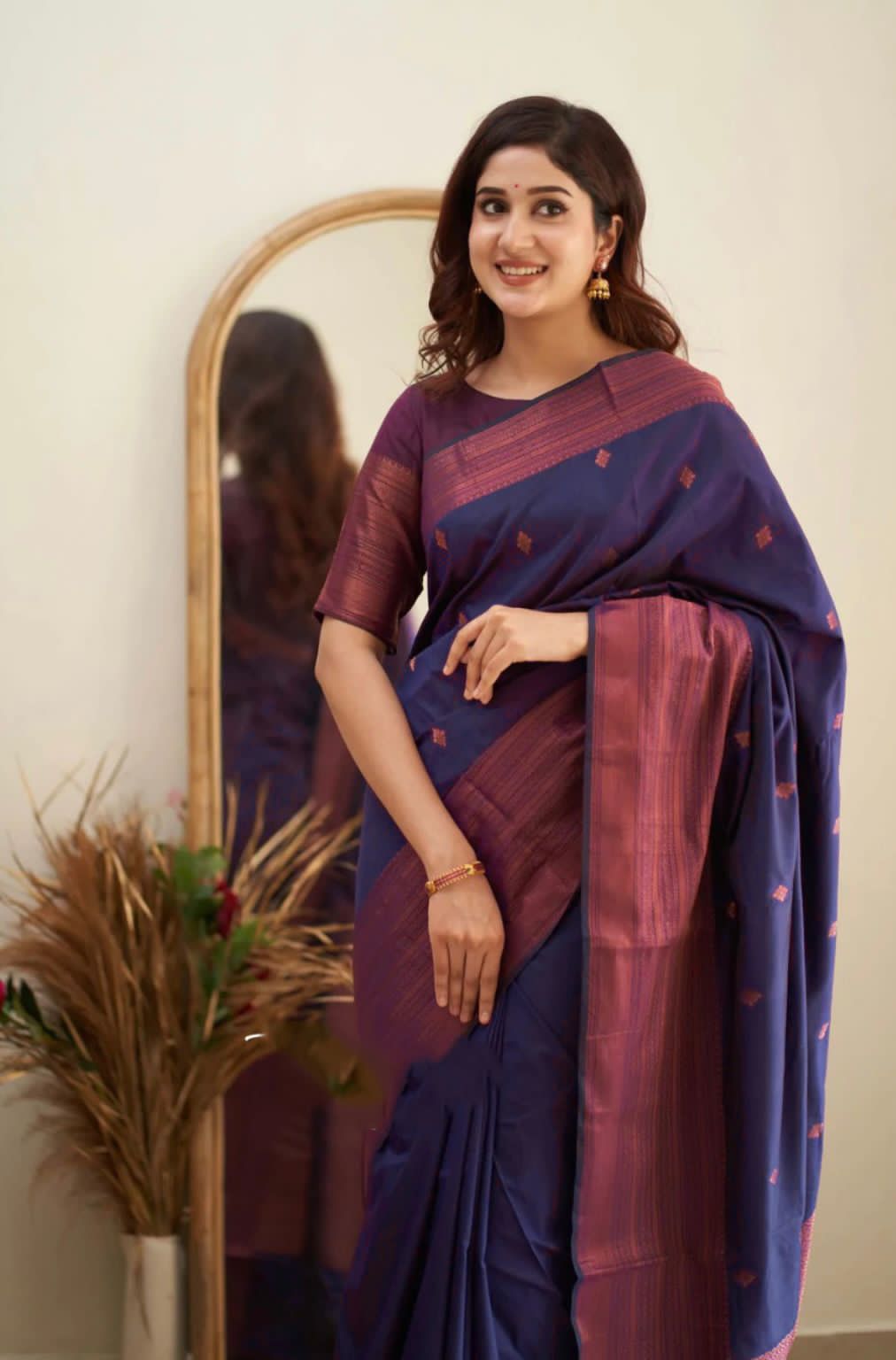 Navy Blue Banarasi Silk Saree All Over Copper Zari Weaved