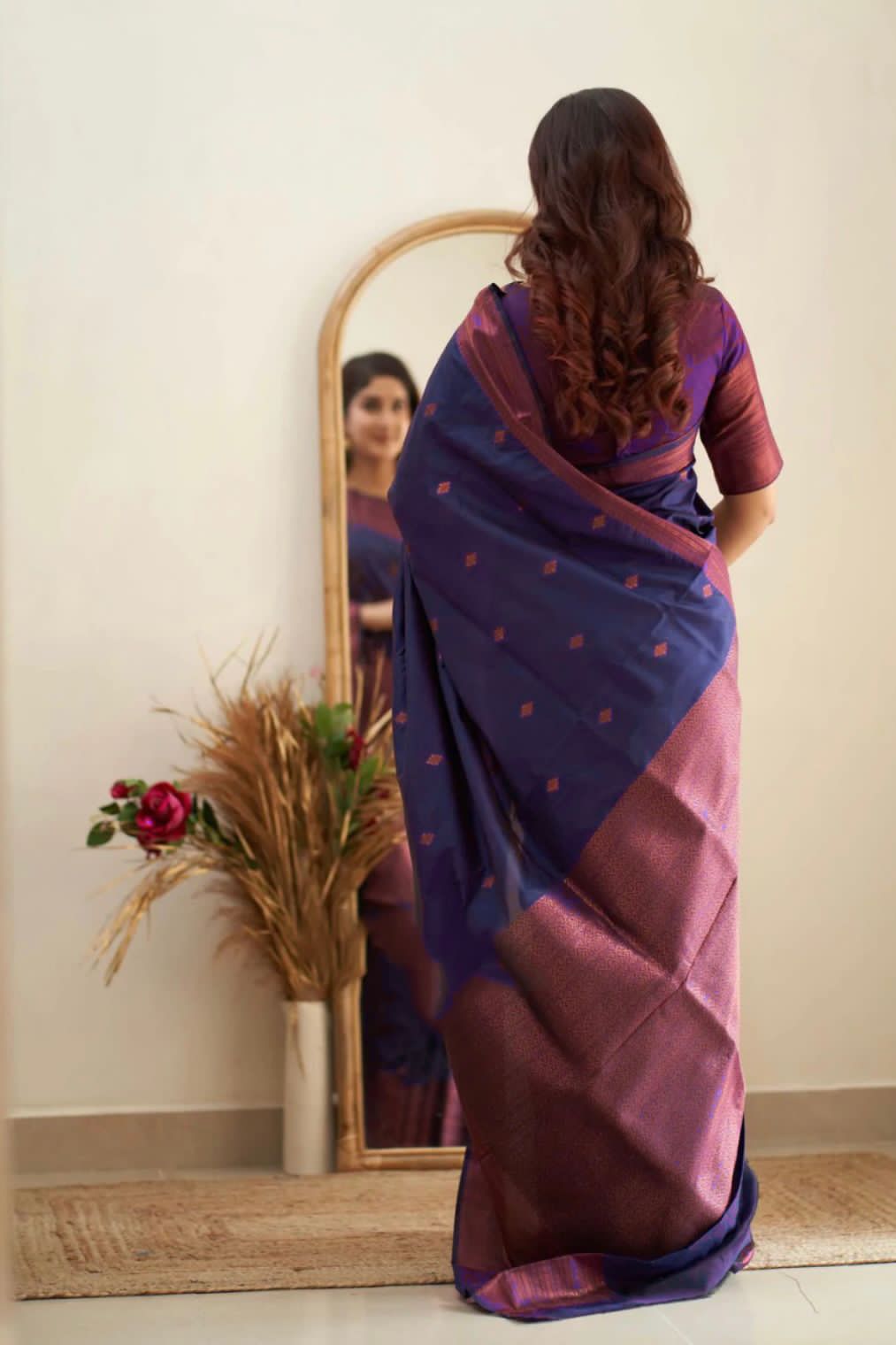 Navy Blue Banarasi Silk Saree All Over Copper Zari Weaved