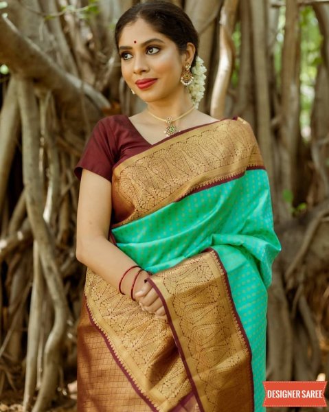 Image of C-Green Banarasi Silk Saree All Over Gold Zari Weaved