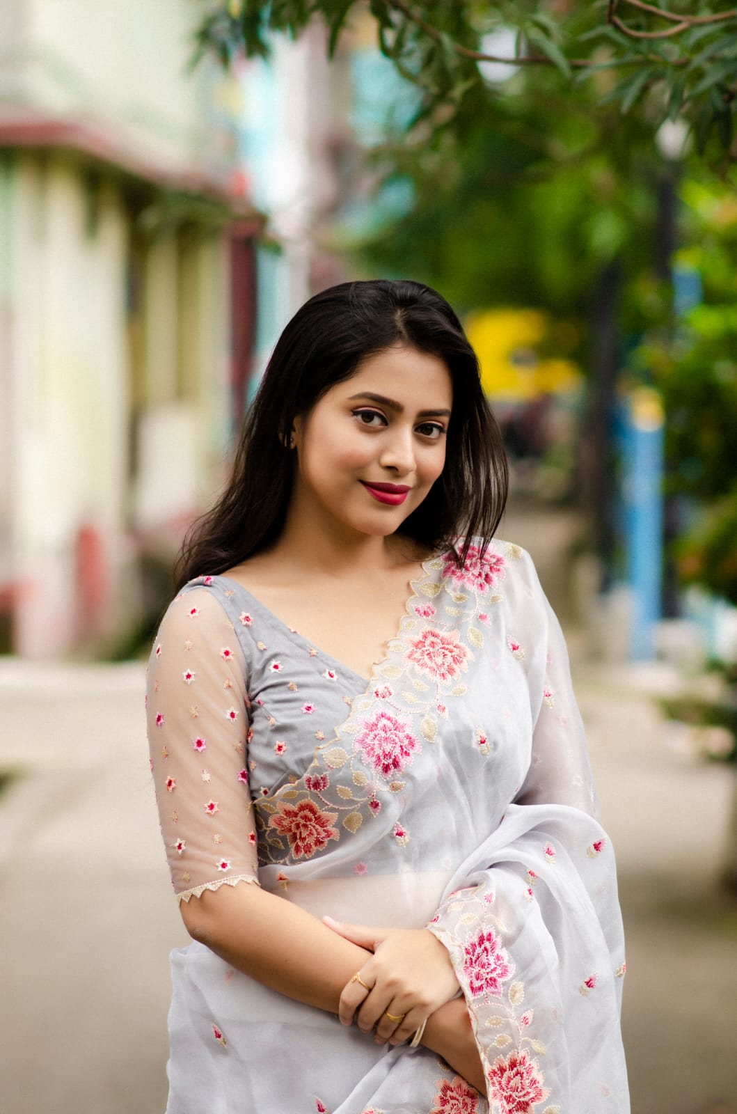 Organza Silk Lucknawi Embroidery Work Saree