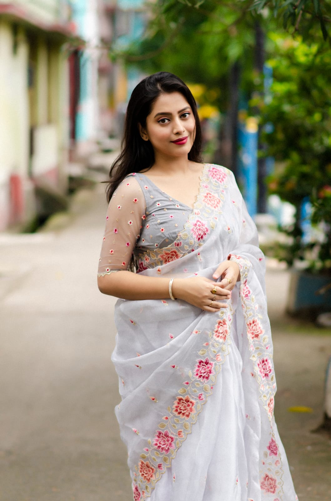 Organza Silk Lucknawi Embroidery Work Saree