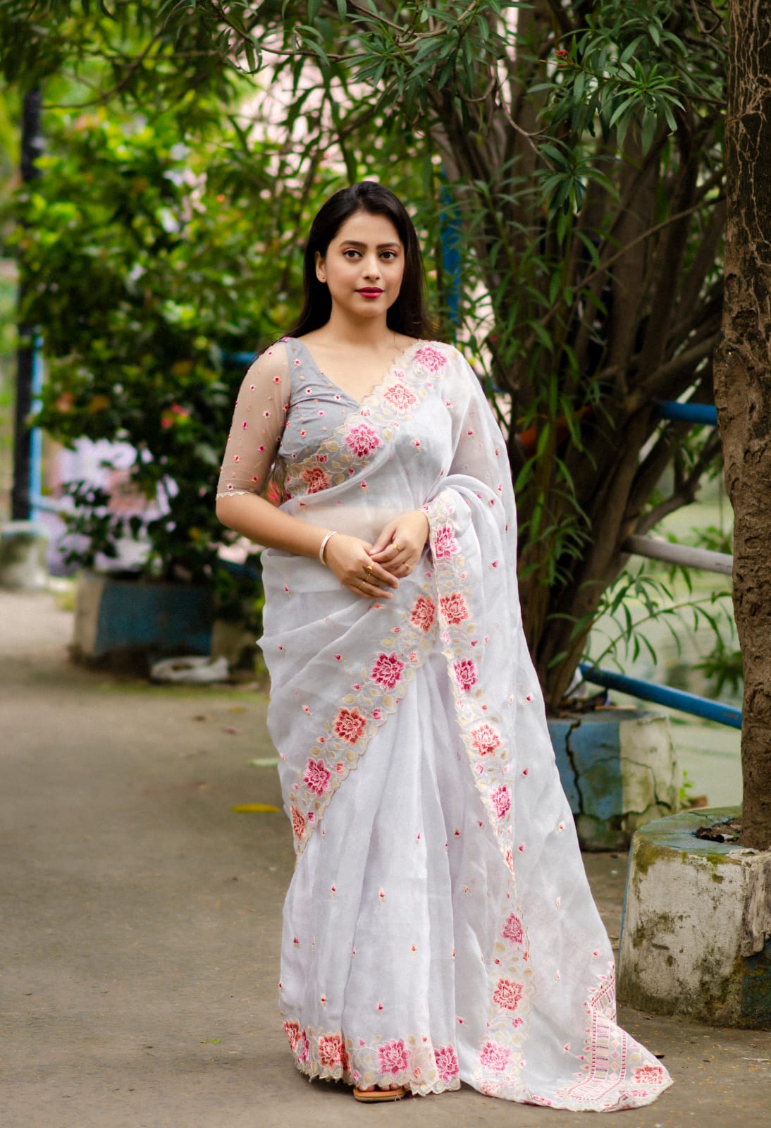 Organza Silk Lucknawi Embroidery Work Saree