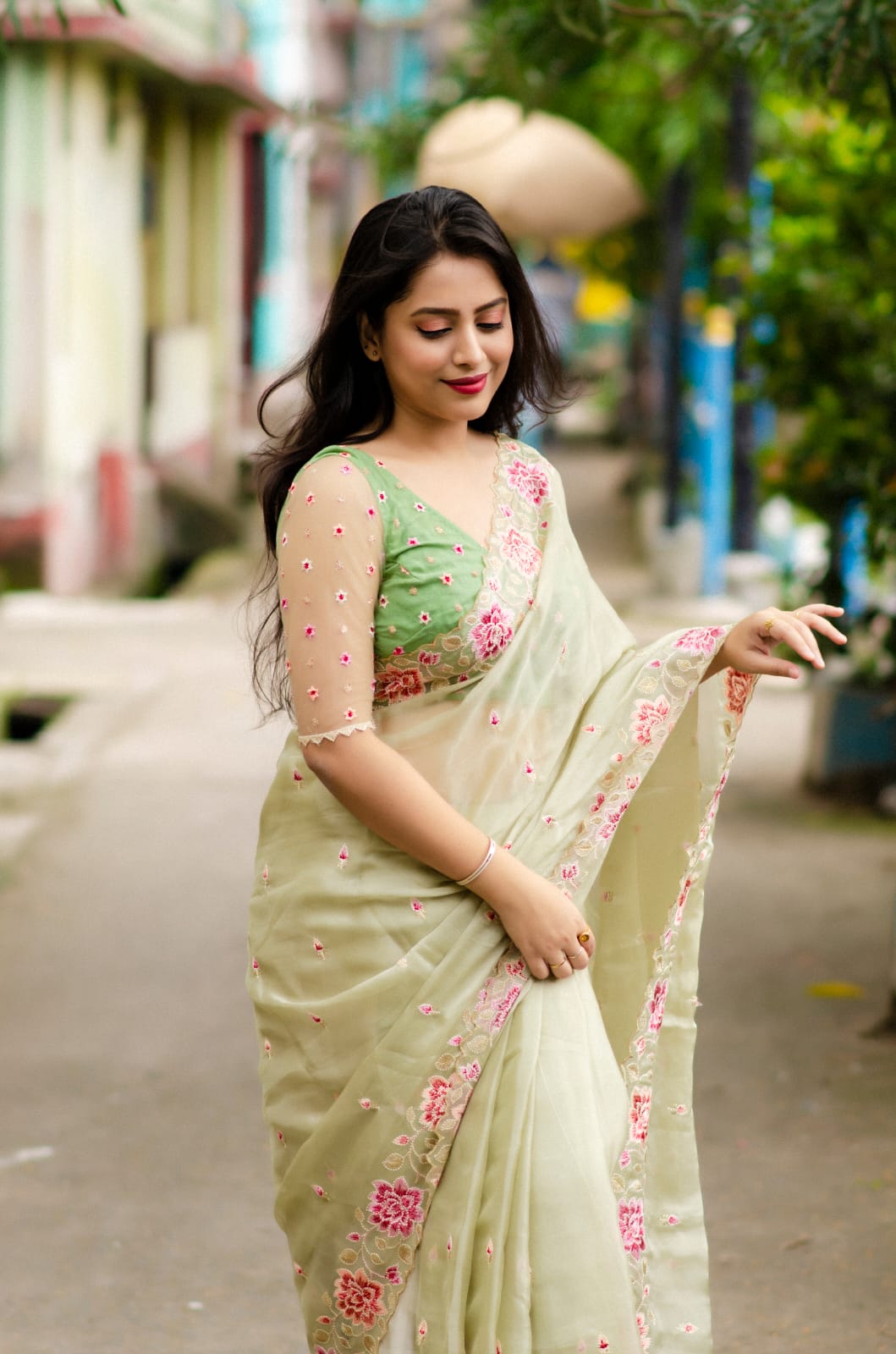 Organza Silk Lucknawi Embroidery Work Saree