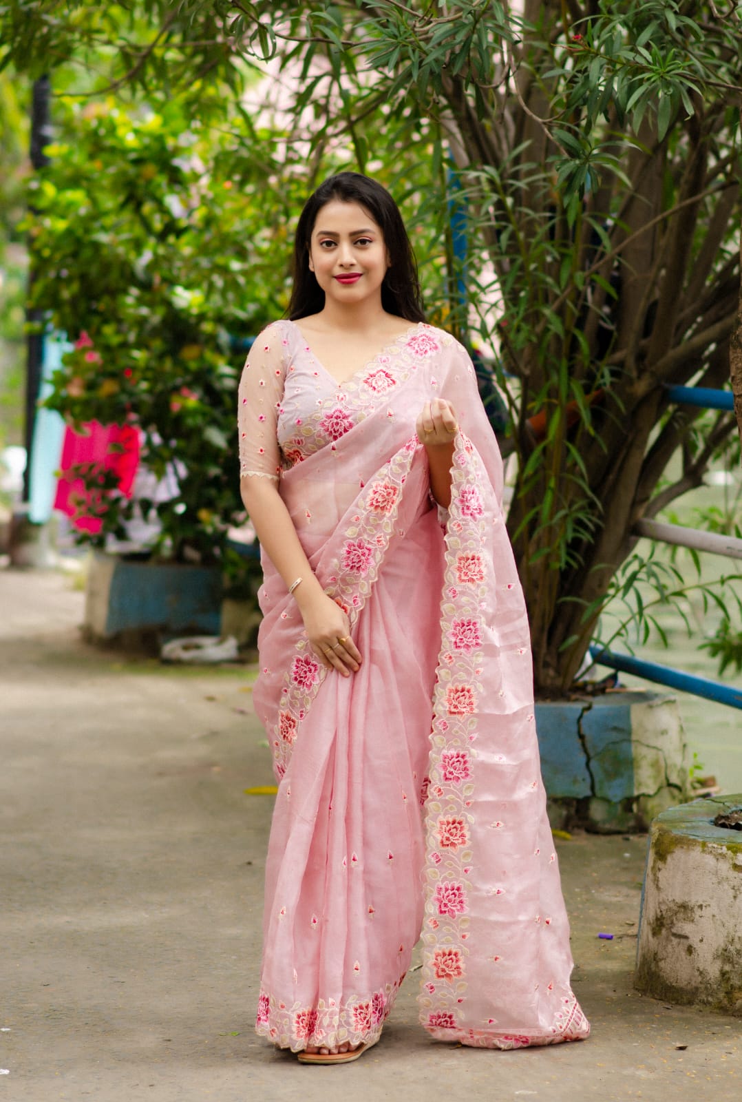 Organza Silk Lucknawi Embroidery Work Saree