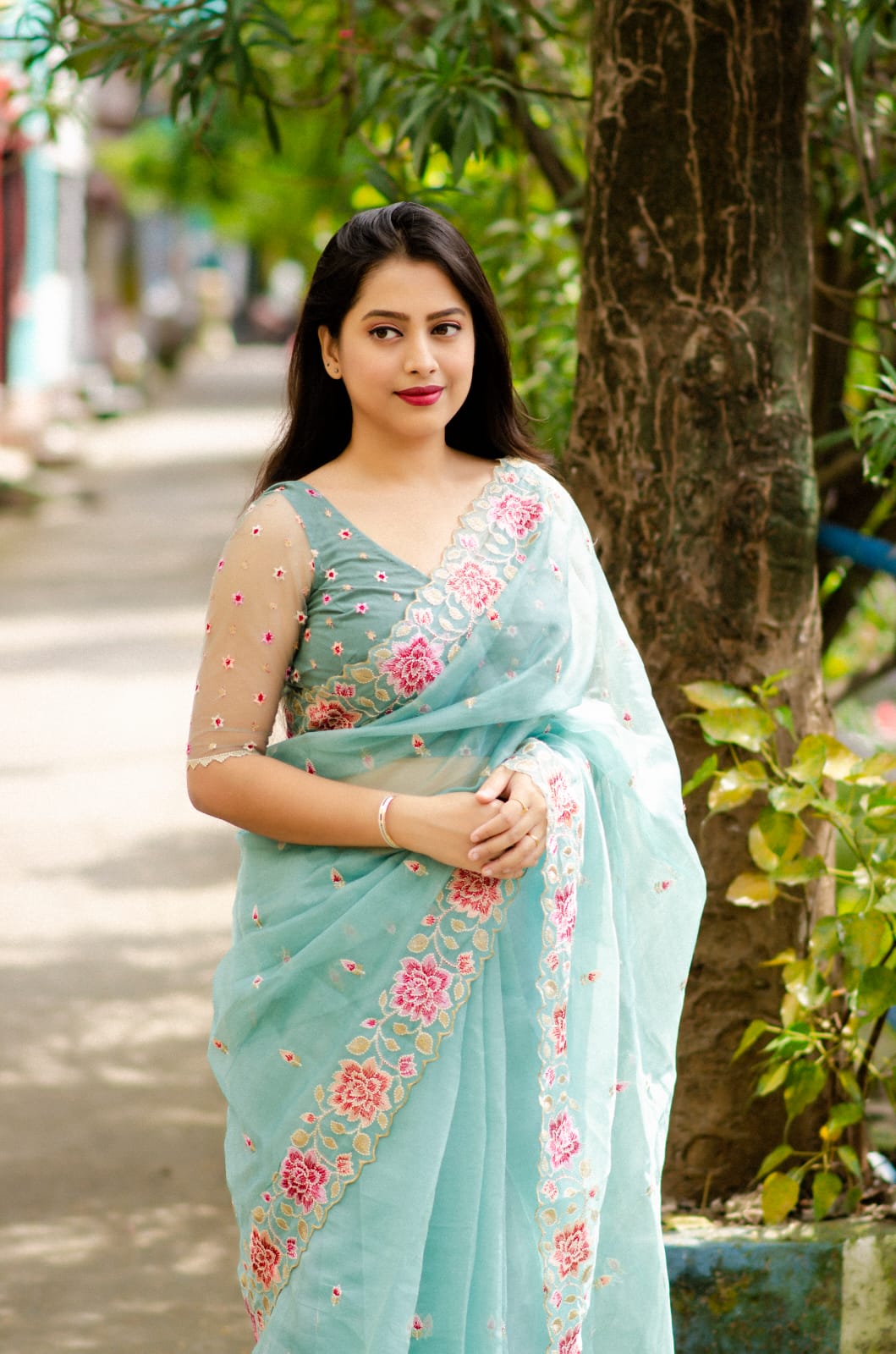 Organza Silk Lucknawi Embroidery Work Saree