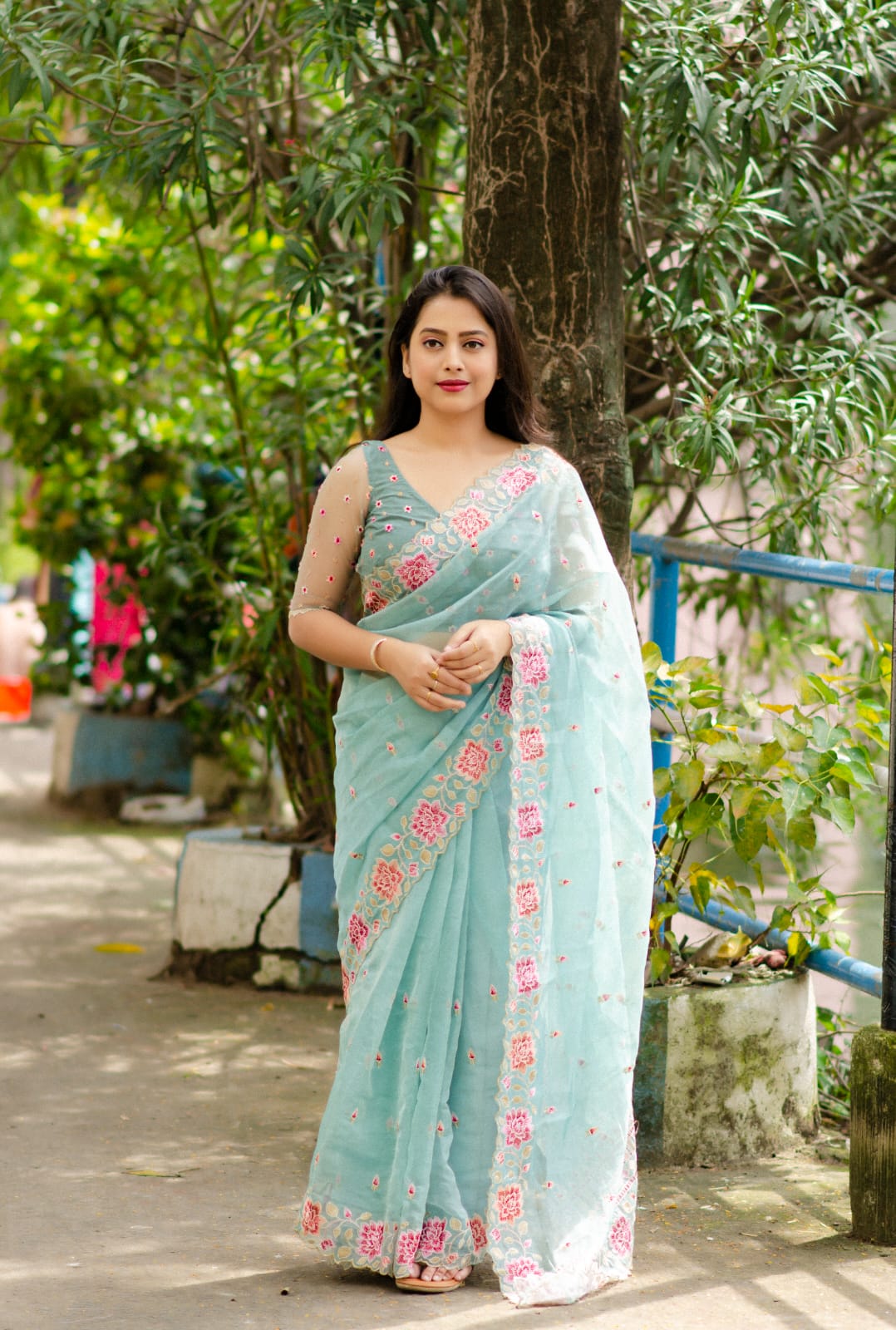 Organza Silk Lucknawi Embroidery Work Saree