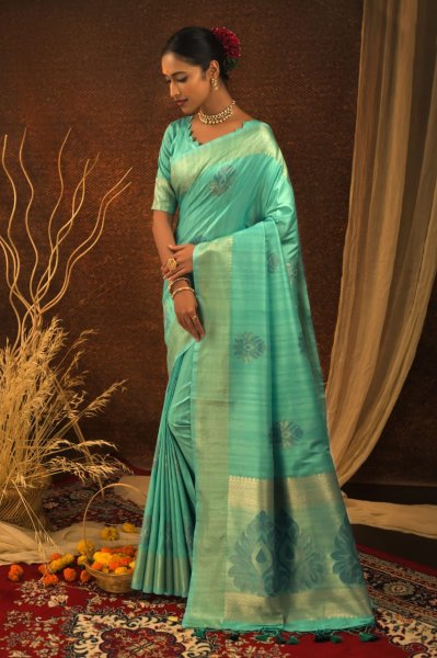 Image of Linen Silk All Over Resham Boota With Rich Zari Pallu Saree