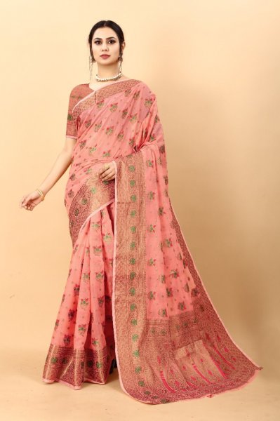 Image of Cotton Silk All Over Zari And Meena Weaved Saree