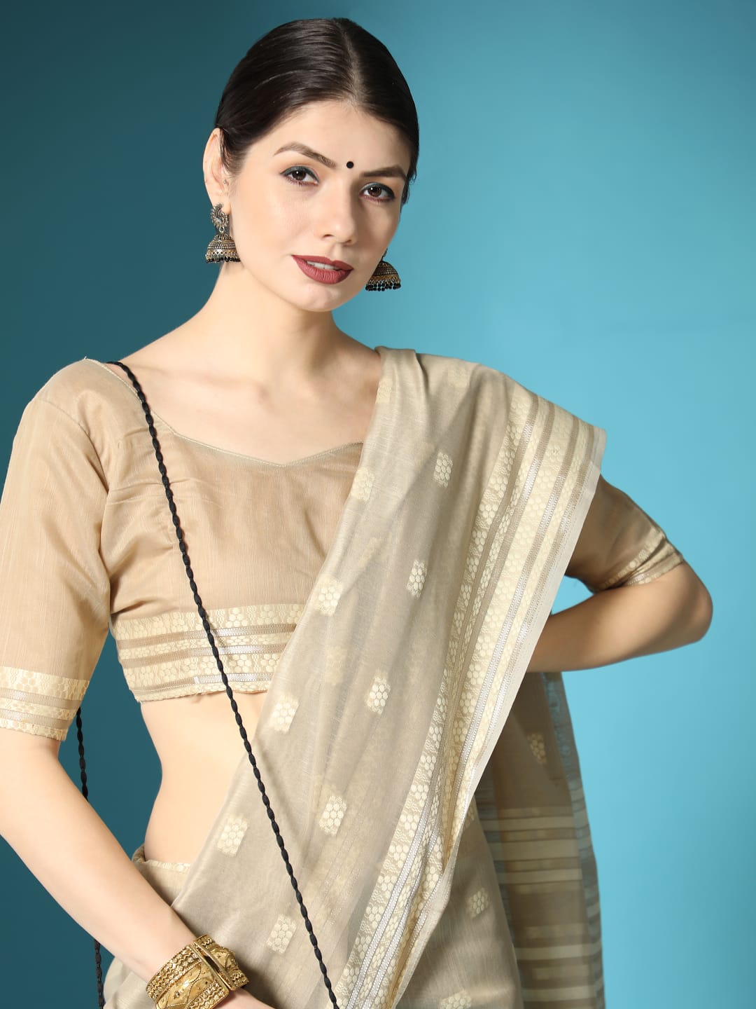 Pure Linen Cotton Saree All Over Resham Weaved With Zari Striped Pallu