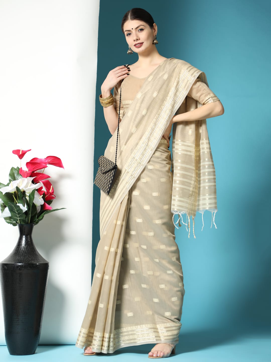 Pure Linen Cotton Saree All Over Resham Weaved With Zari Striped Pallu