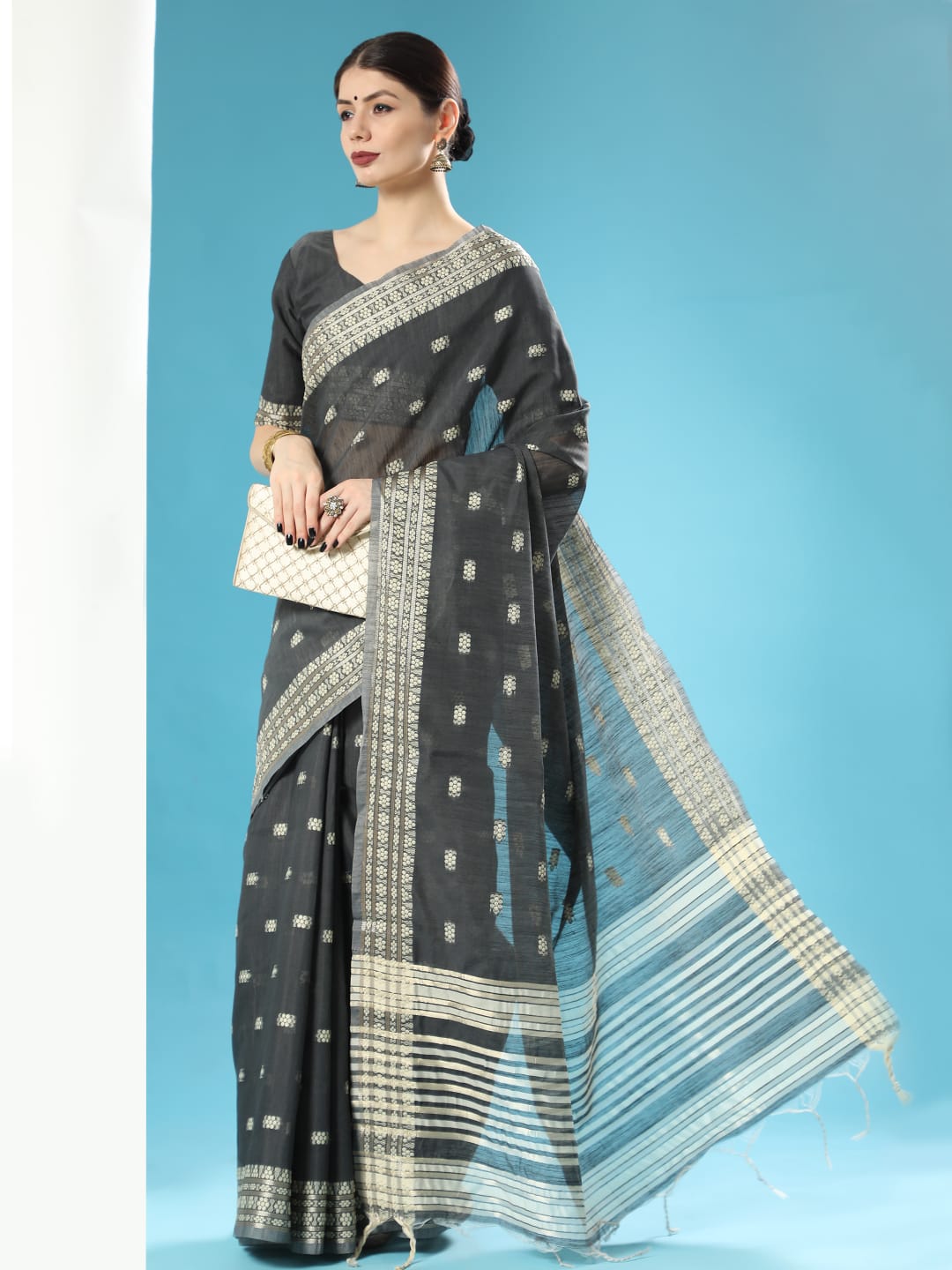 Pure Linen Cotton Saree All Over Resham Weaved With Zari Striped Pallu