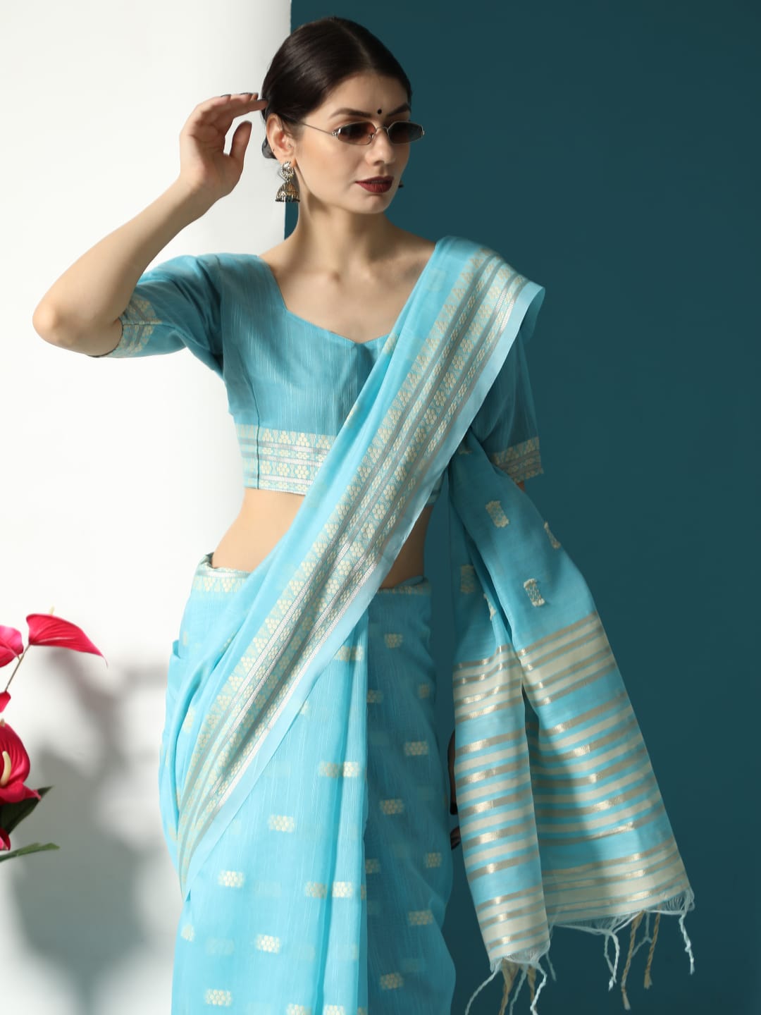 Pure Linen Cotton Sarees All Over Resham Weaved With Zari Striped Pallu