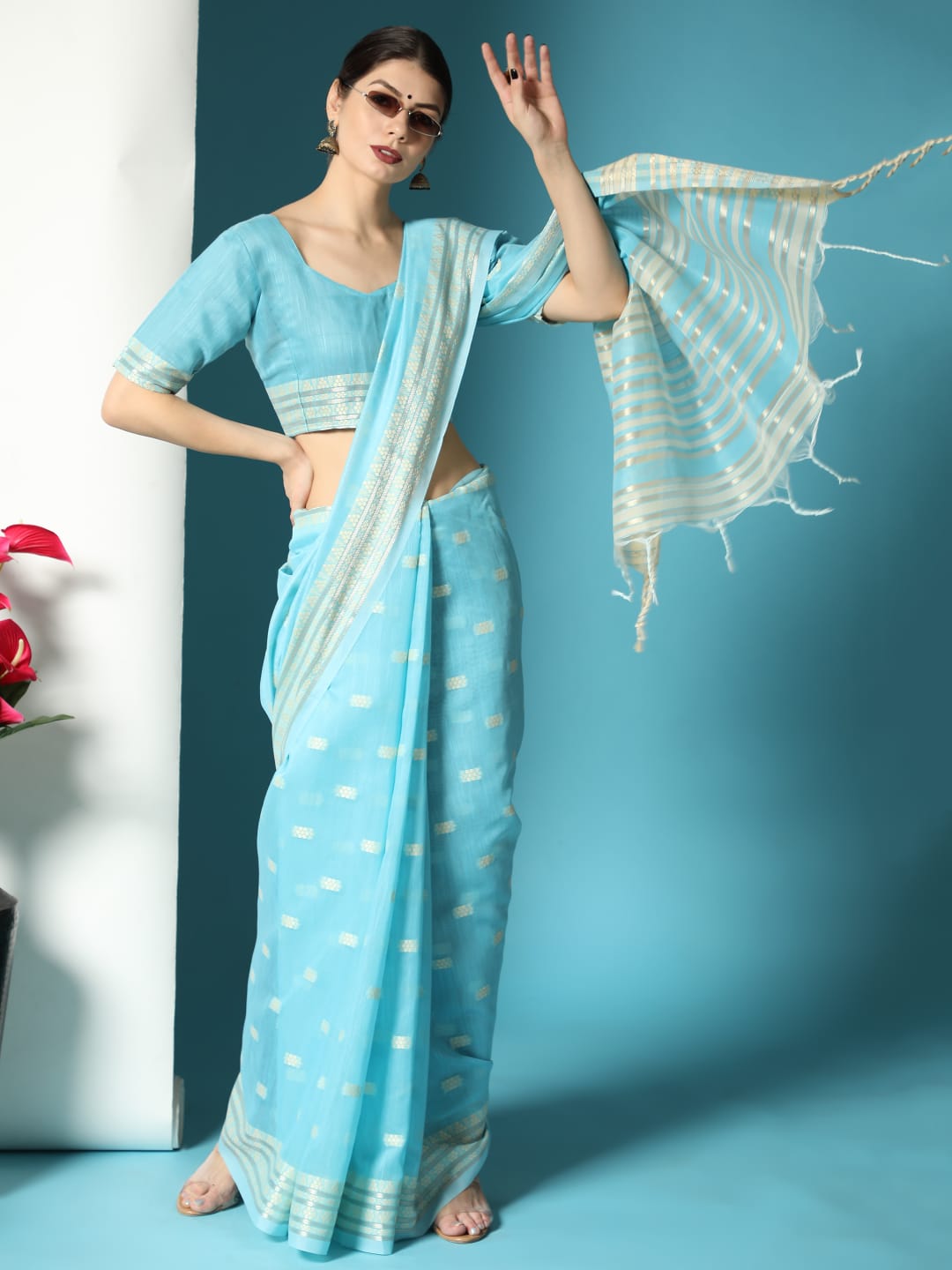 Pure Linen Cotton Sarees All Over Resham Weaved With Zari Striped Pallu