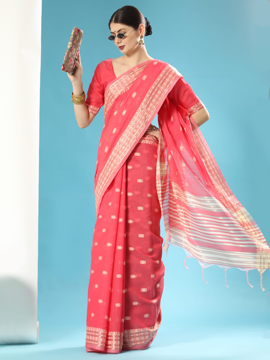 Pure Linen Cotton Saree All Over Resham Weaved With Zari Striped Pallu