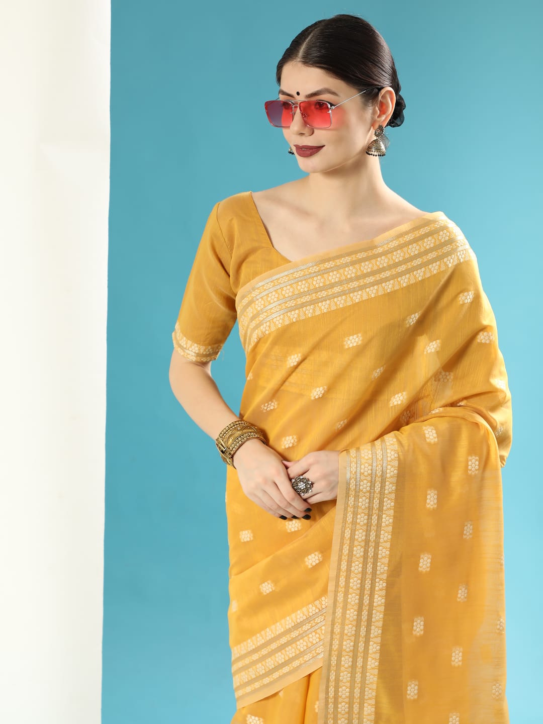 Pure Linen Cotton Sarees All Over Resham Weaved With Zari Striped Pallu