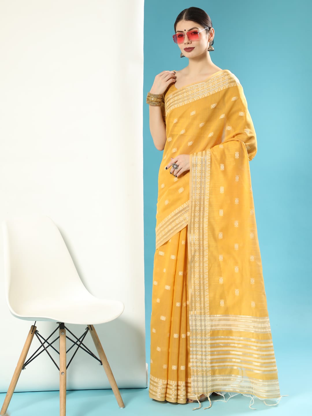 Pure Linen Cotton Sarees All Over Resham Weaved With Zari Striped Pallu