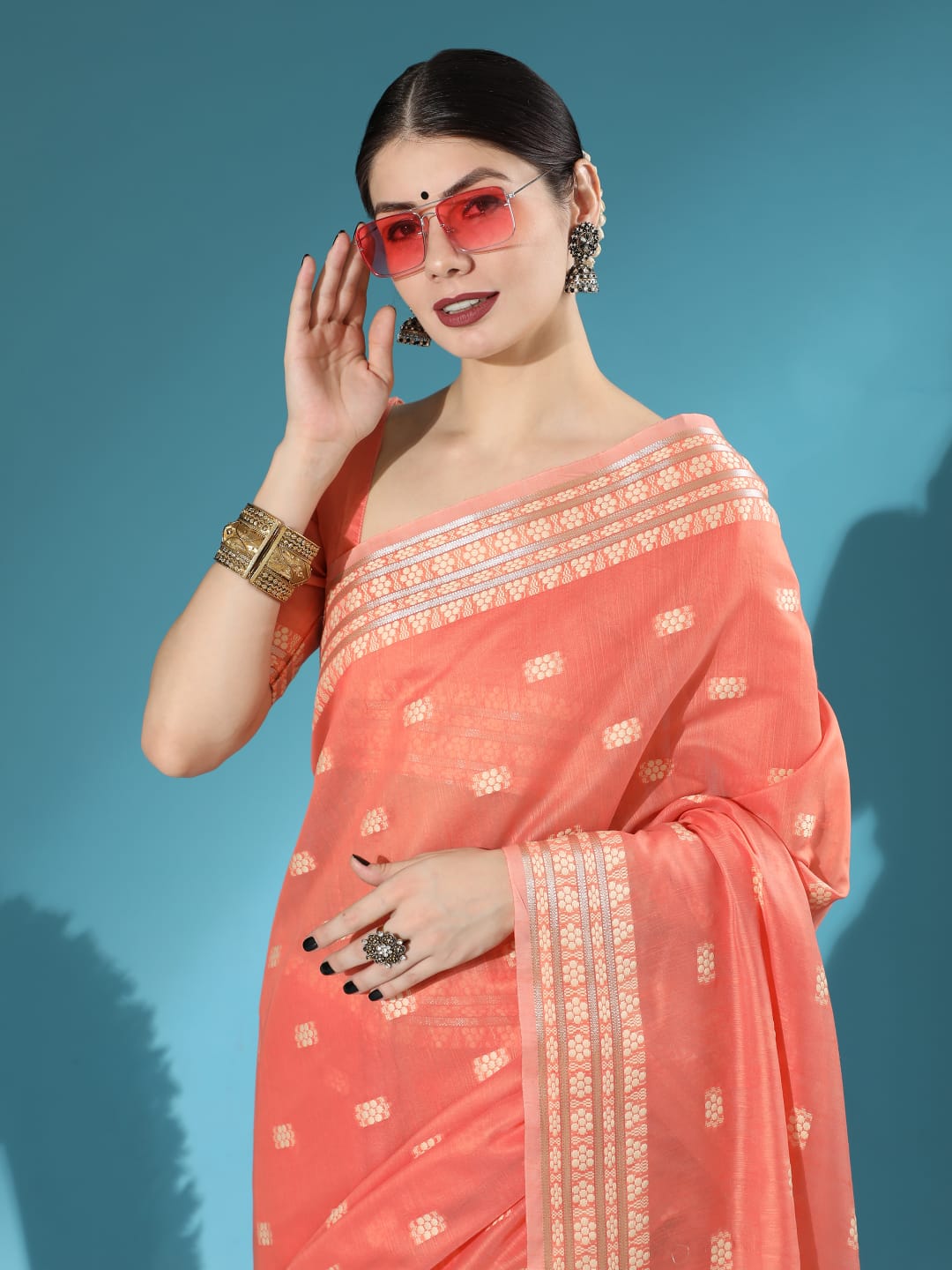 Pure Linen Cotton Sarees All Over Resham Weaved With Zari Striped Pallu