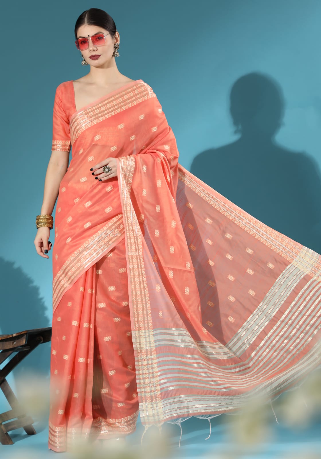 Pure Linen Cotton Sarees All Over Resham Weaved With Zari Striped Pallu