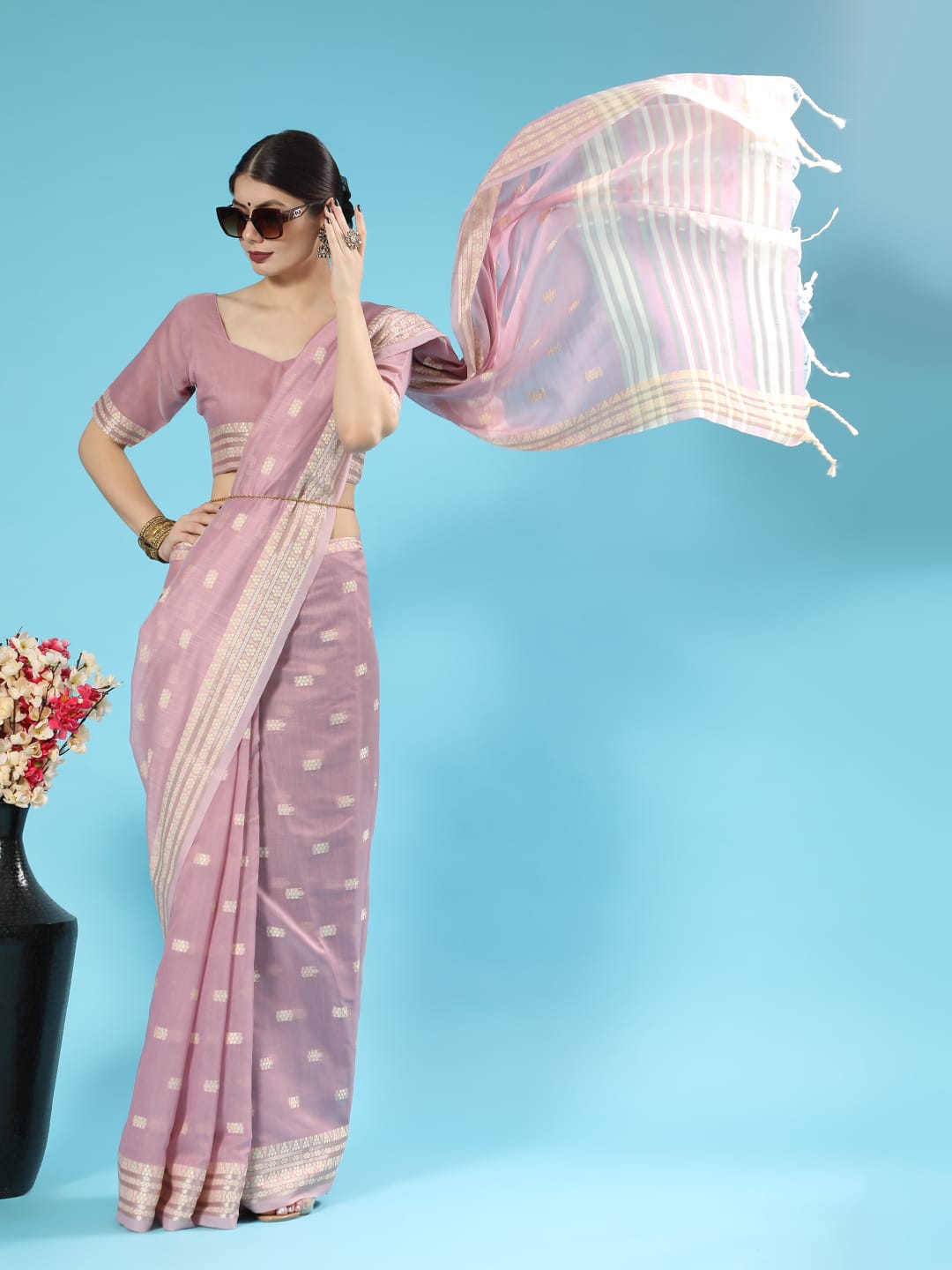 Pure Linen Cotton Sarees All Over Resham Weaved With Zari Striped Pallu