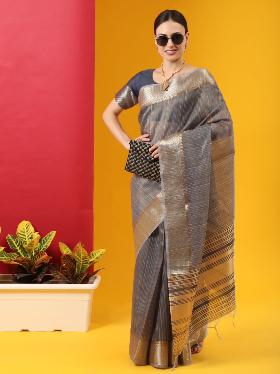 Pure Linen Tissue Silk Saree With Gold Zari Border And Zari Pallu