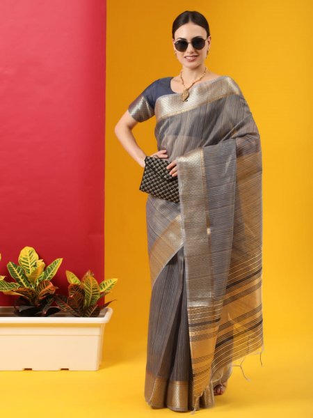 Image of Pure Linen Tissue Silk Saree With Gold Zari Border And Zari Pallu