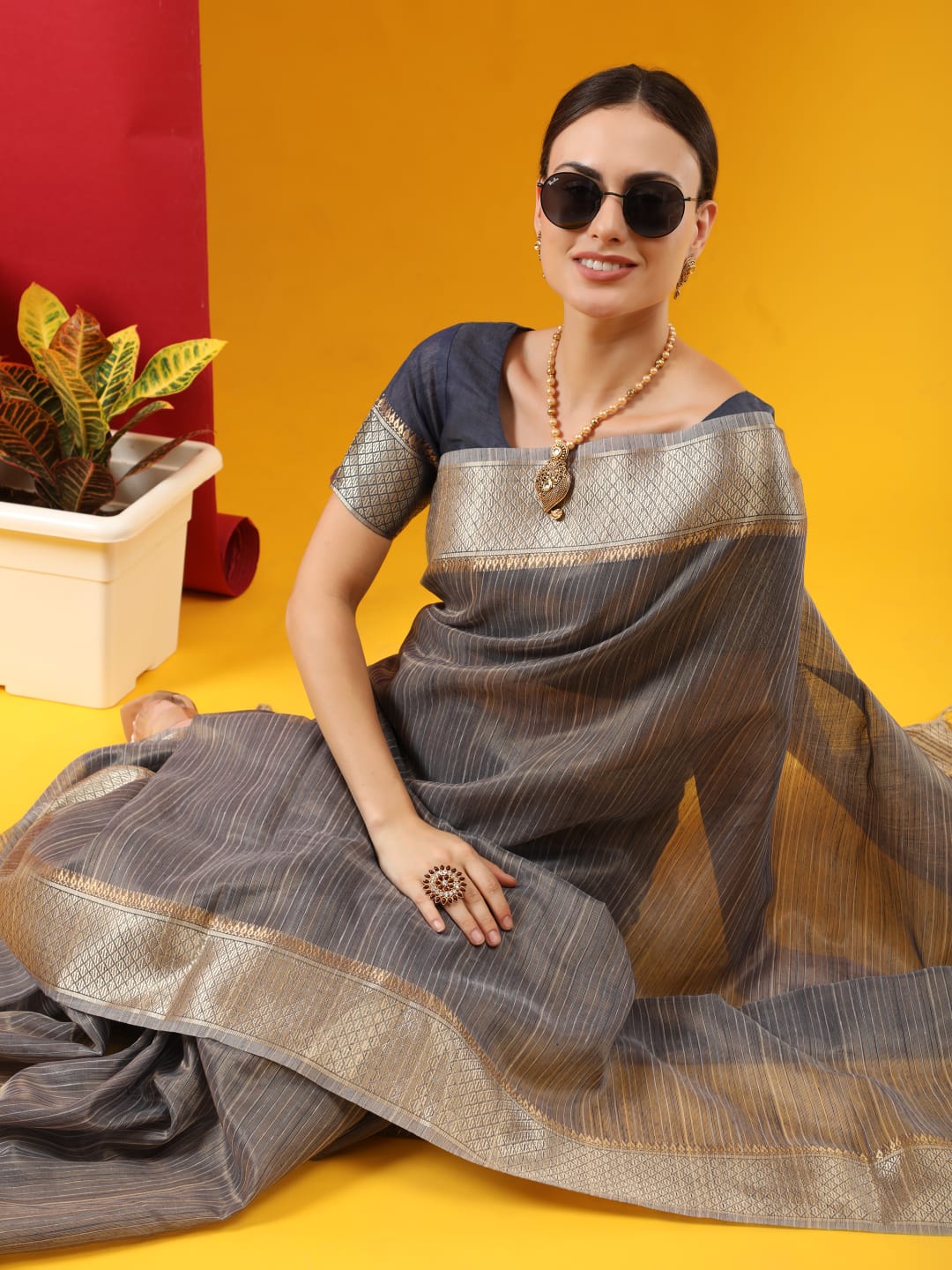 Pure Linen Tissue Silk Saree With Gold Zari Border And Zari Pallu