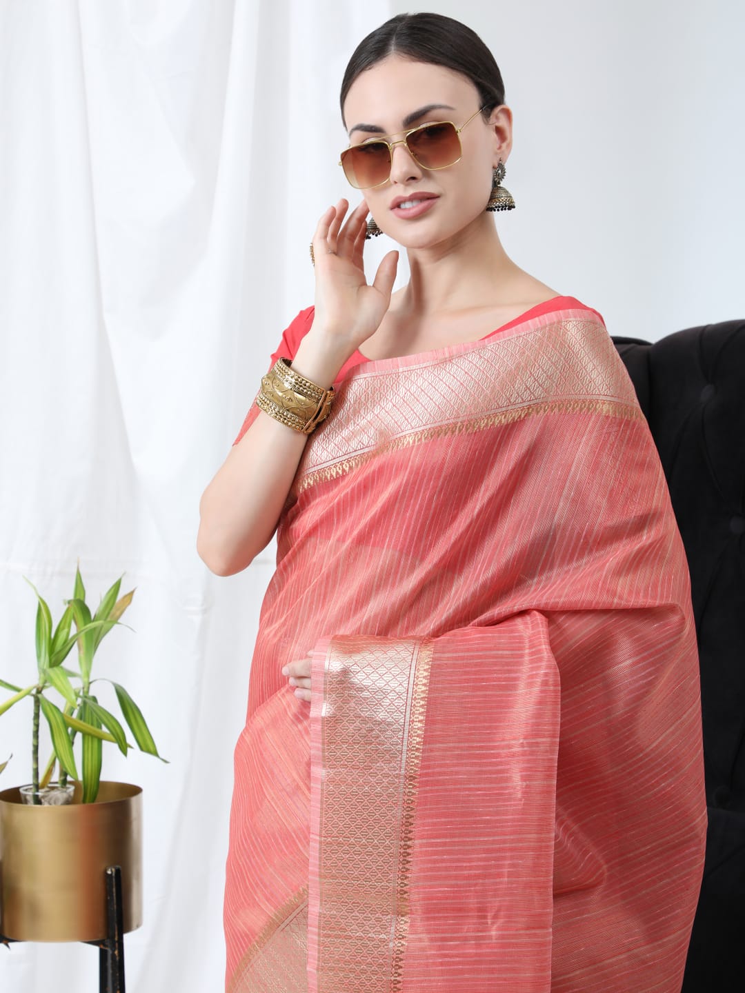 Pure Linen Tissue Silk Saree With Gold Zari Border And Zari Pallu