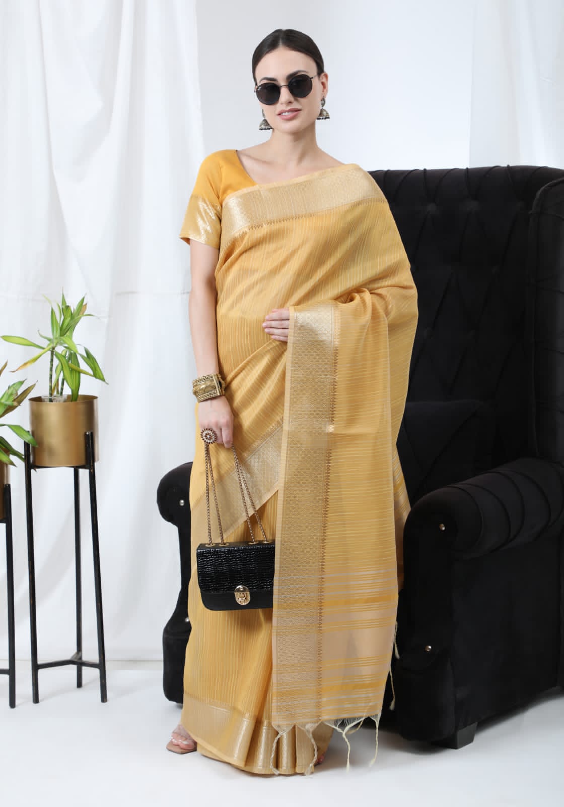 Pure Linen Tissue Silk Saree With Gold Zari Border And Zari Pallu