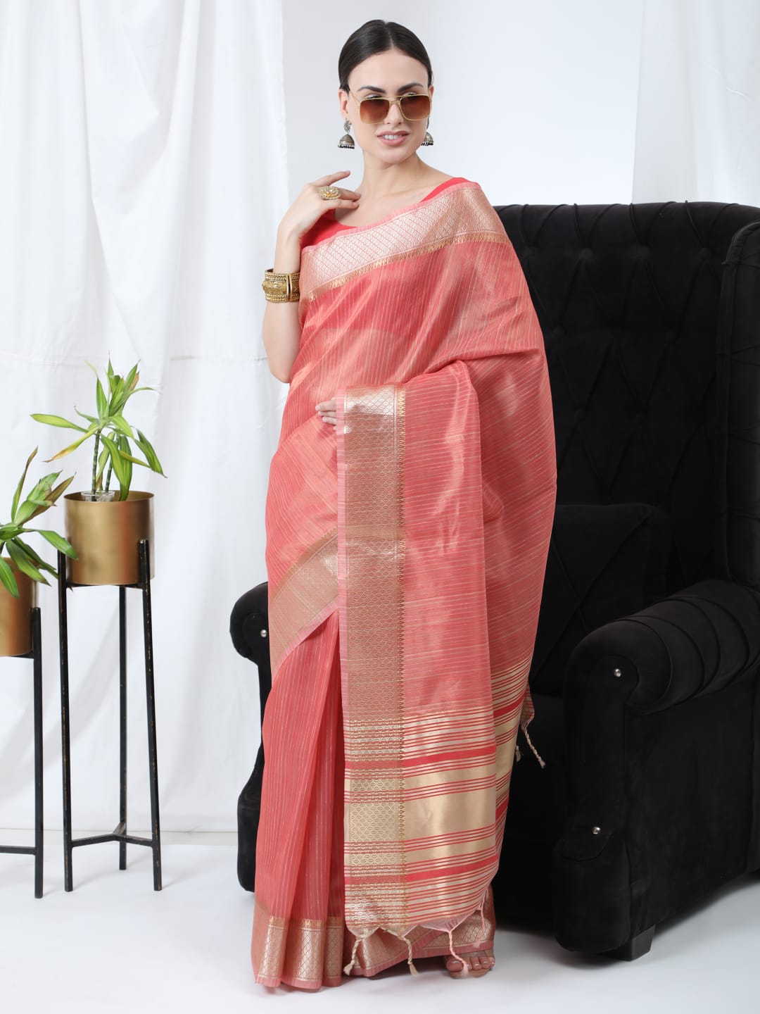 Pure Linen Tissue Silk Saree With Gold Zari Border And Zari Pallu