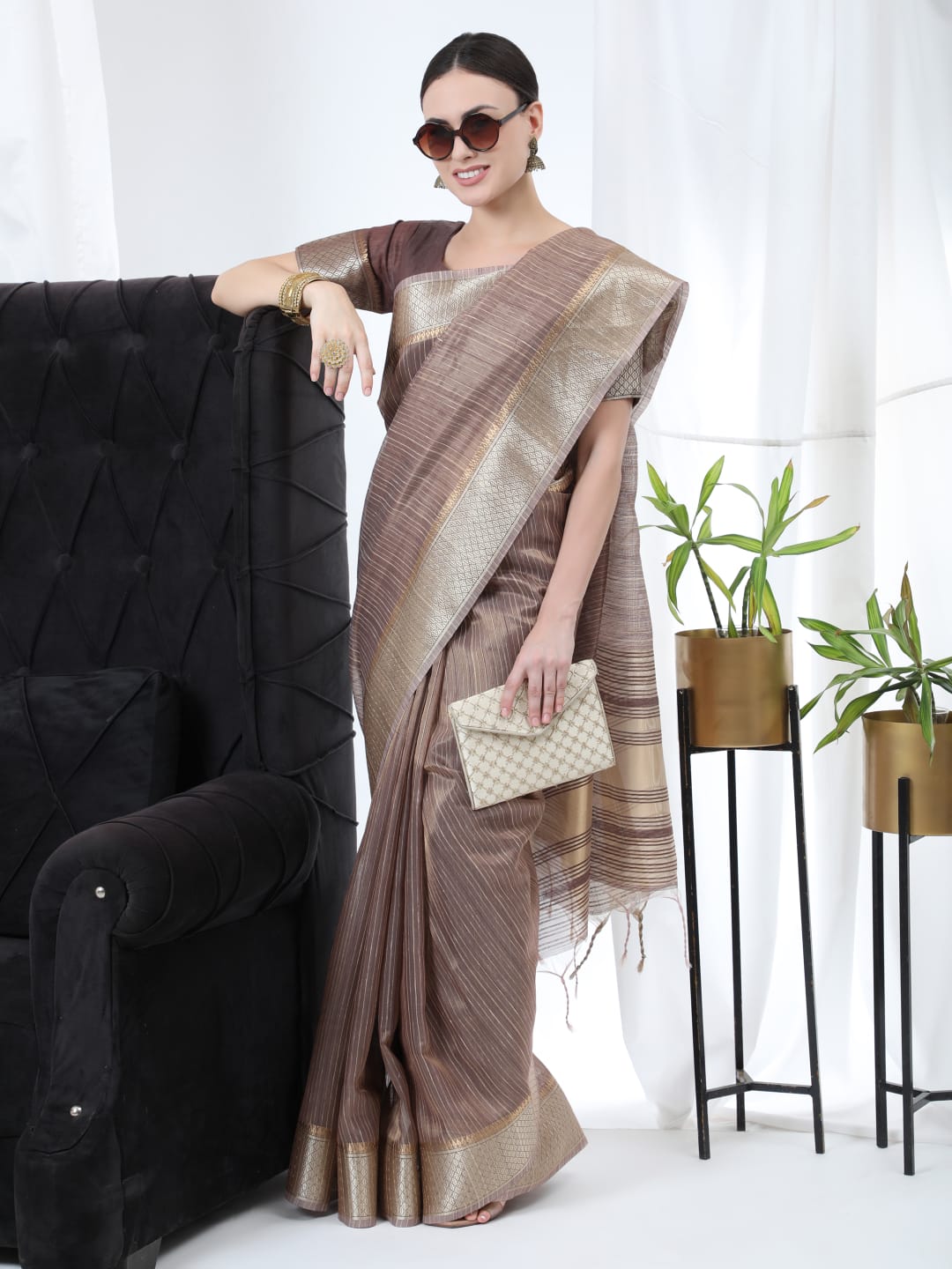 Pure Linen Tissue Silk Saree With Gold Zari Border And Zari Pallu