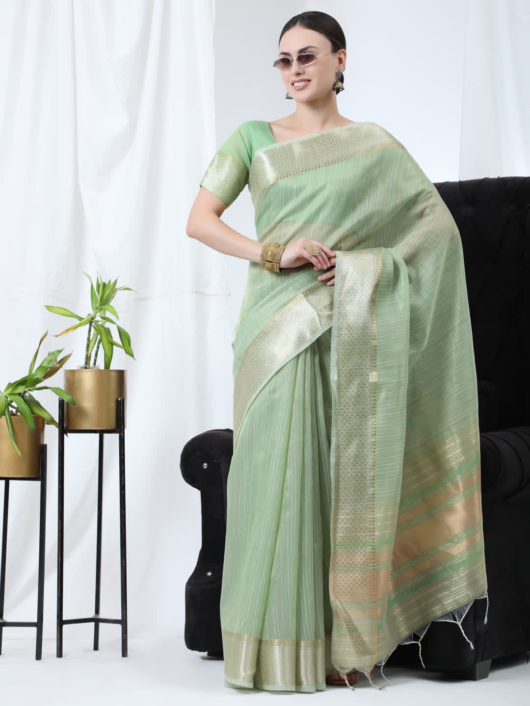 Pure Linen Tissue Silk Saree With Gold Zari Border And Zari Pallu