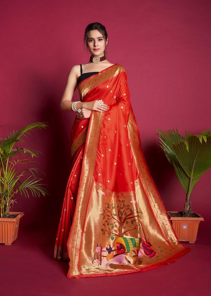 Red Pure Banarasi Paithani Silk Saree All Over Gold Zari Weaved