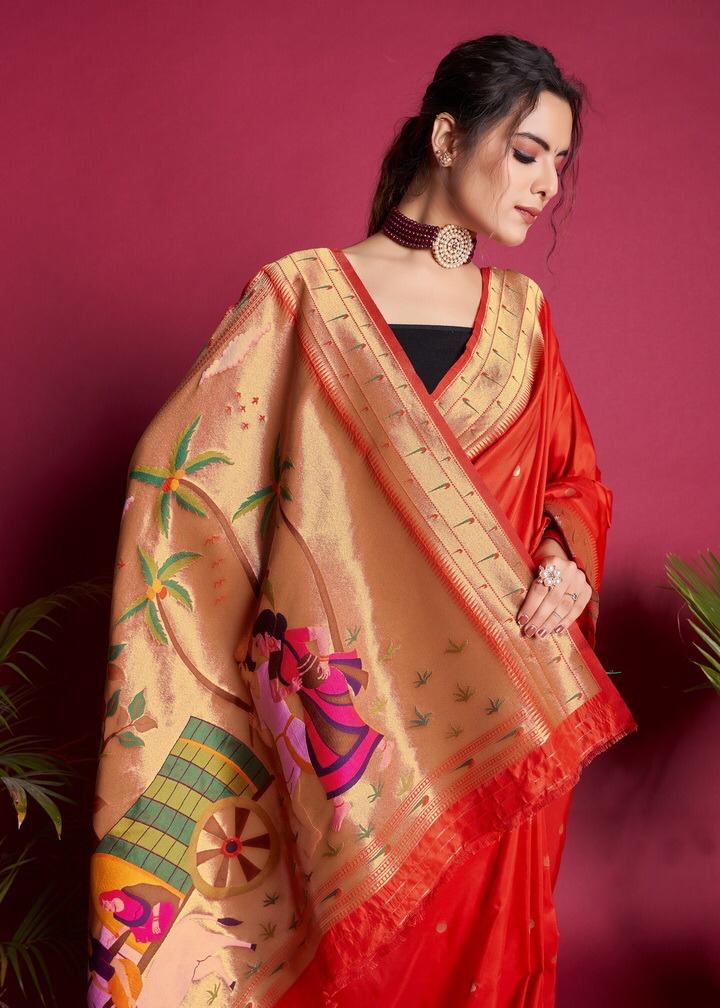 Red Pure Banarasi Paithani Silk Saree All Over Gold Zari Weaved