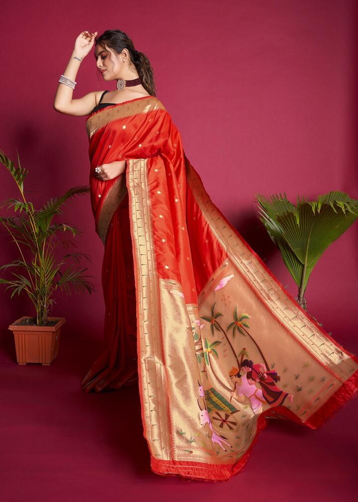 Red Pure Banarasi Paithani Silk Saree All Over Gold Zari Weaved