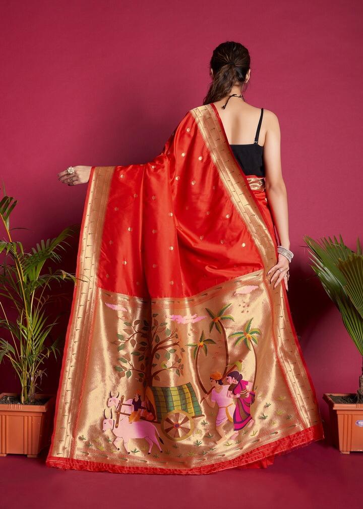 Red Pure Banarasi Paithani Silk Saree All Over Gold Zari Weaved