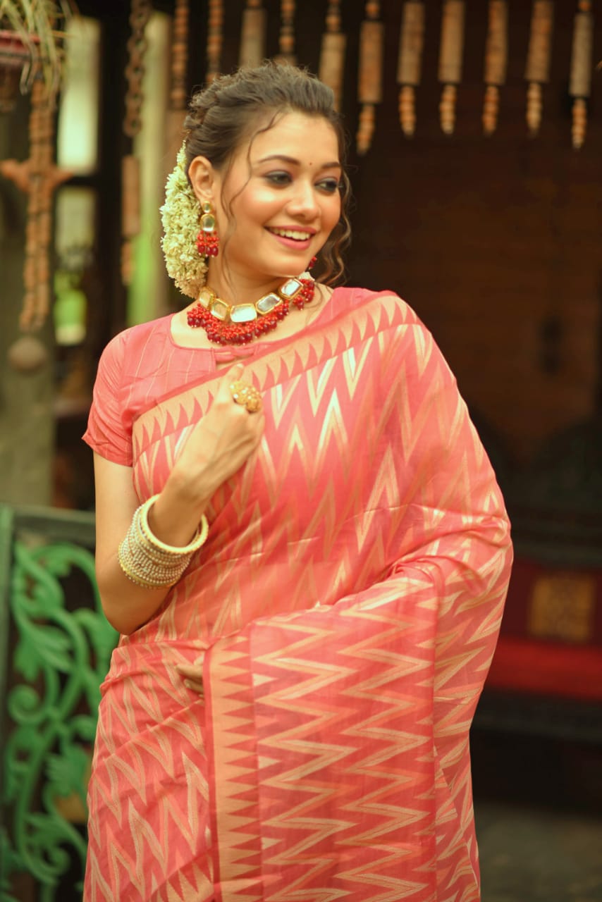 Banarasi Silk Gold Zari Zig Zag Weaved With Temple Border Saree